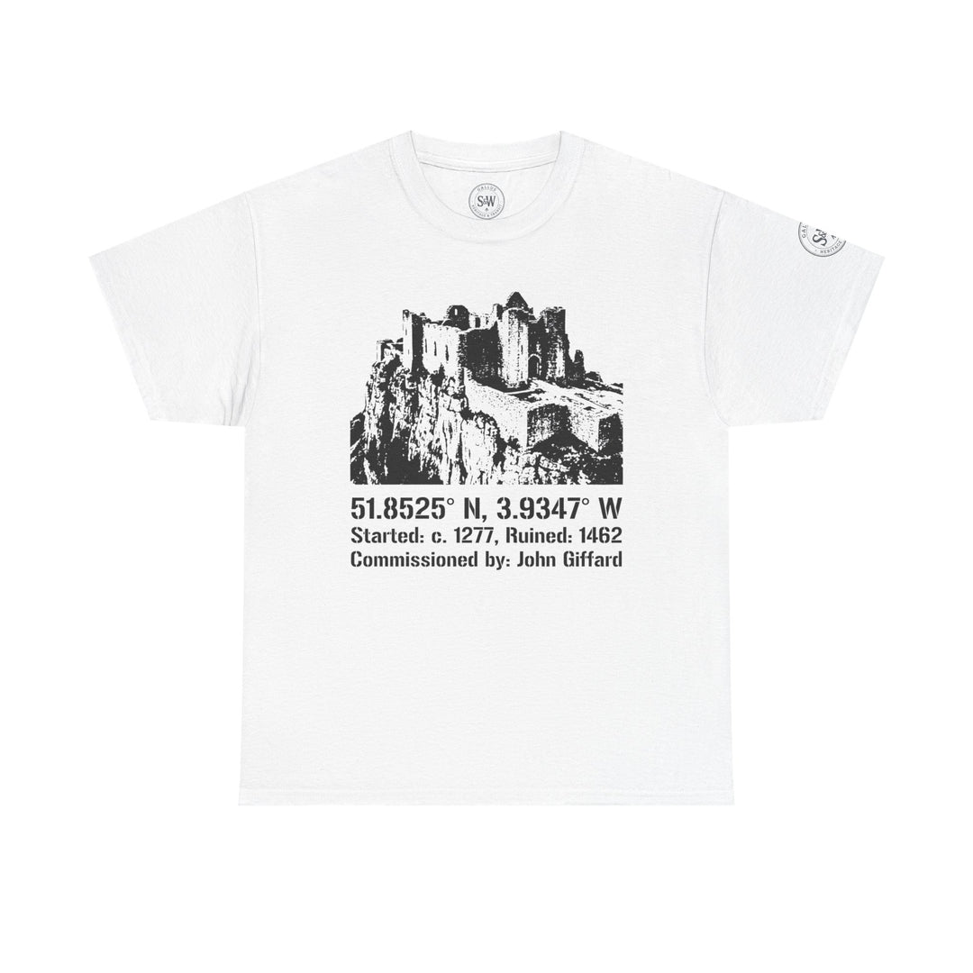 White Carreg Cennen Castle T-shirt by S&amp;W Gallus, featuring a castle graphic and historical information.
