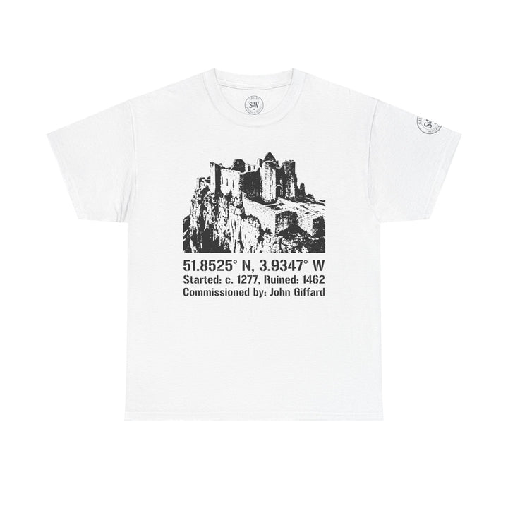 White Carreg Cennen Castle T-shirt by S&amp;W Gallus, featuring a castle graphic and historical information.