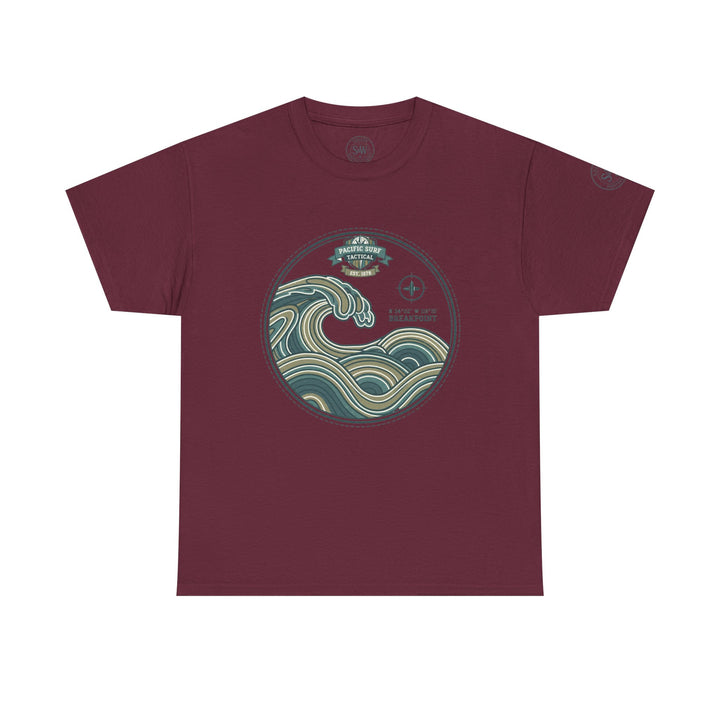 Burgundy T-shirt by S&amp;W Gallus with a circular wave crest graphic and a vintage-inspired style.
