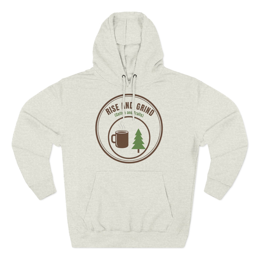 Heather gray hoodie by S&amp;W Gallus with a "Rise and Grind" coffee and trails graphic on the chest.