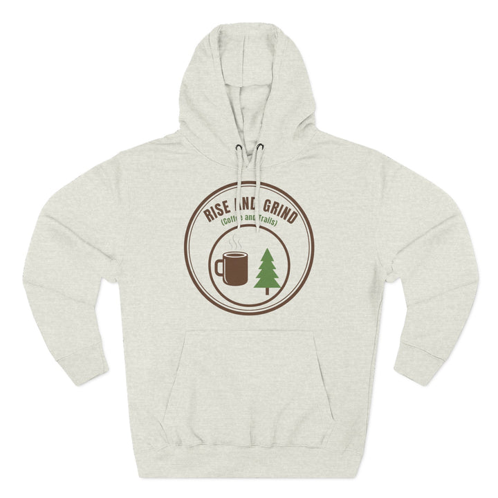 Heather gray hoodie by S&amp;W Gallus with a "Rise and Grind" coffee and trails graphic on the chest.