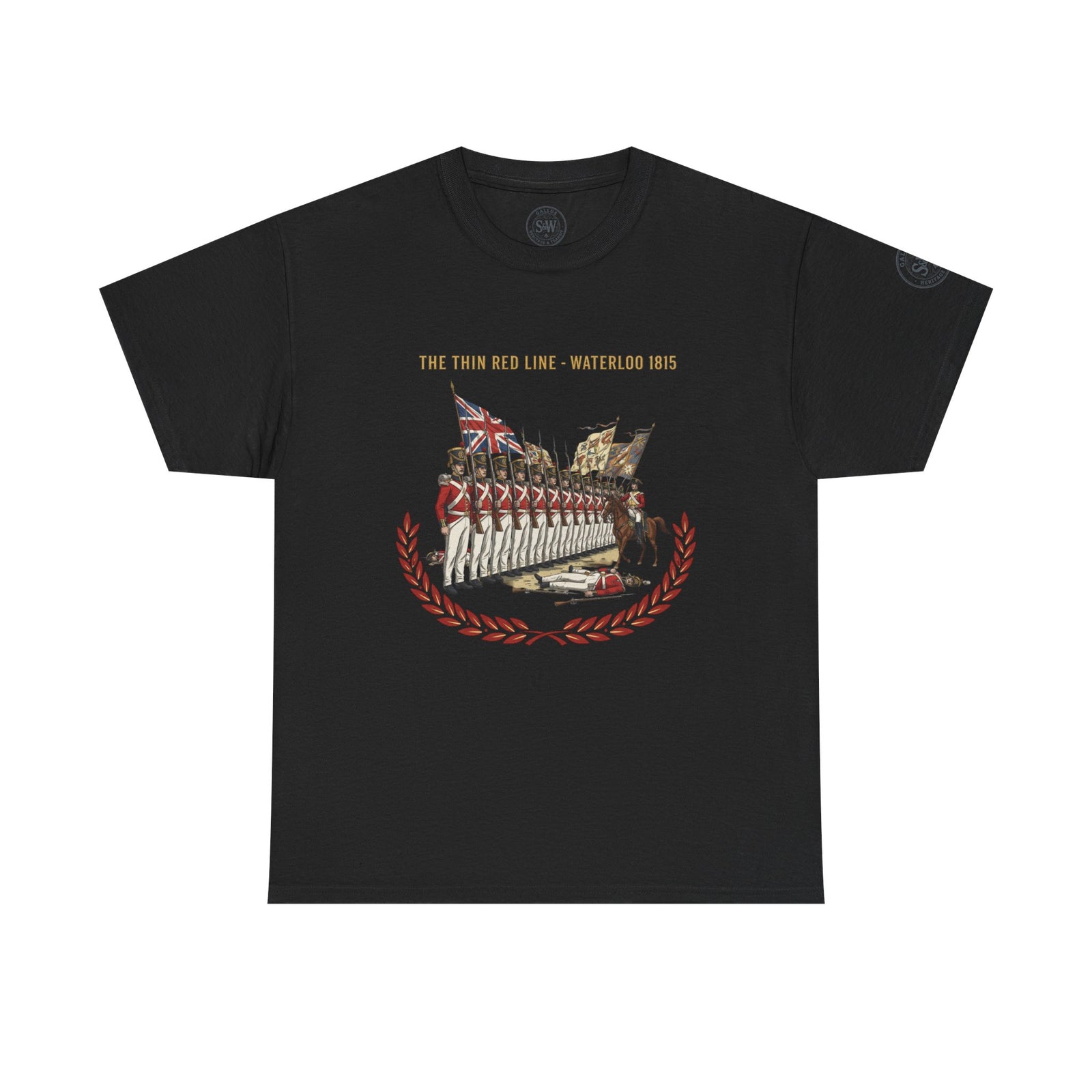 Black Waterloo 1815 Thin Red Line tee by S&W Gallus, featuring a graphic of soldiers with flags and a laurel wreath.