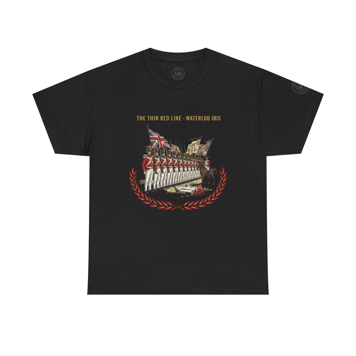 Black Waterloo 1815 Thin Red Line tee by S&amp;W Gallus, featuring a graphic of soldiers with flags and a laurel wreath.