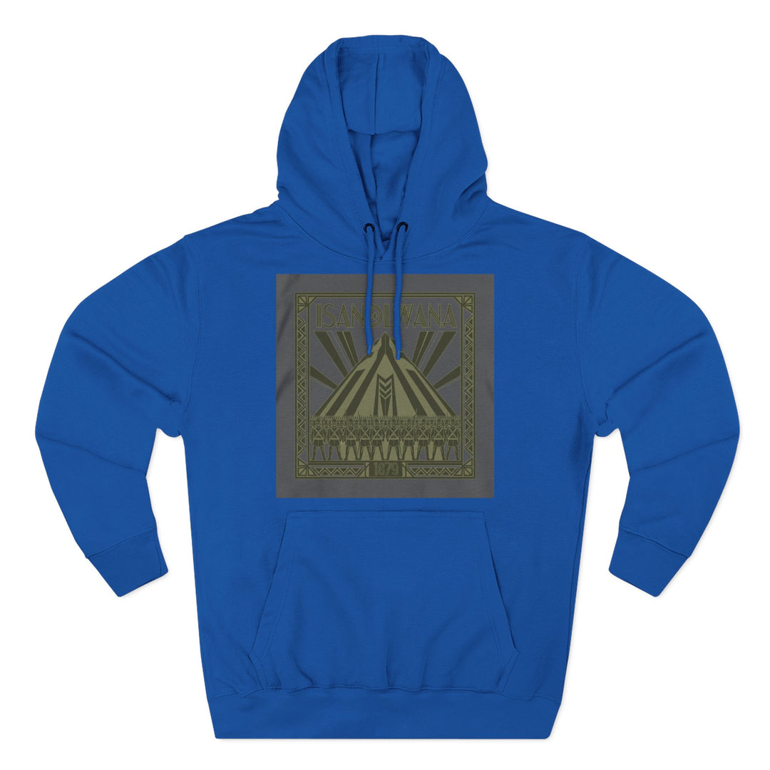 Blue Isandlwana Heritage Hoodie by S&amp;W Gallus featuring the battle of Isandlwana heritage design in the center.