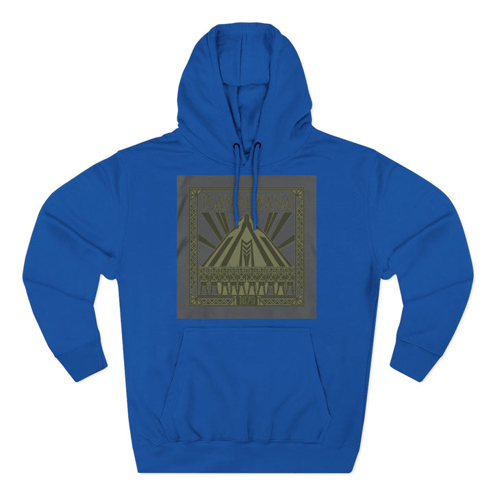 Blue Isandlwana Heritage Hoodie by S&amp;W Gallus featuring the battle of Isandlwana heritage design in the center.
