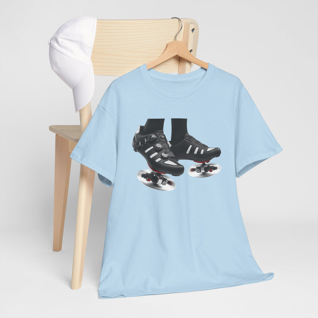 Spin Shoes Tee – soft, breathable cotton featuring a cycling shoes graphic. Perfect for spin classes, indoor workouts, and casual activewear.