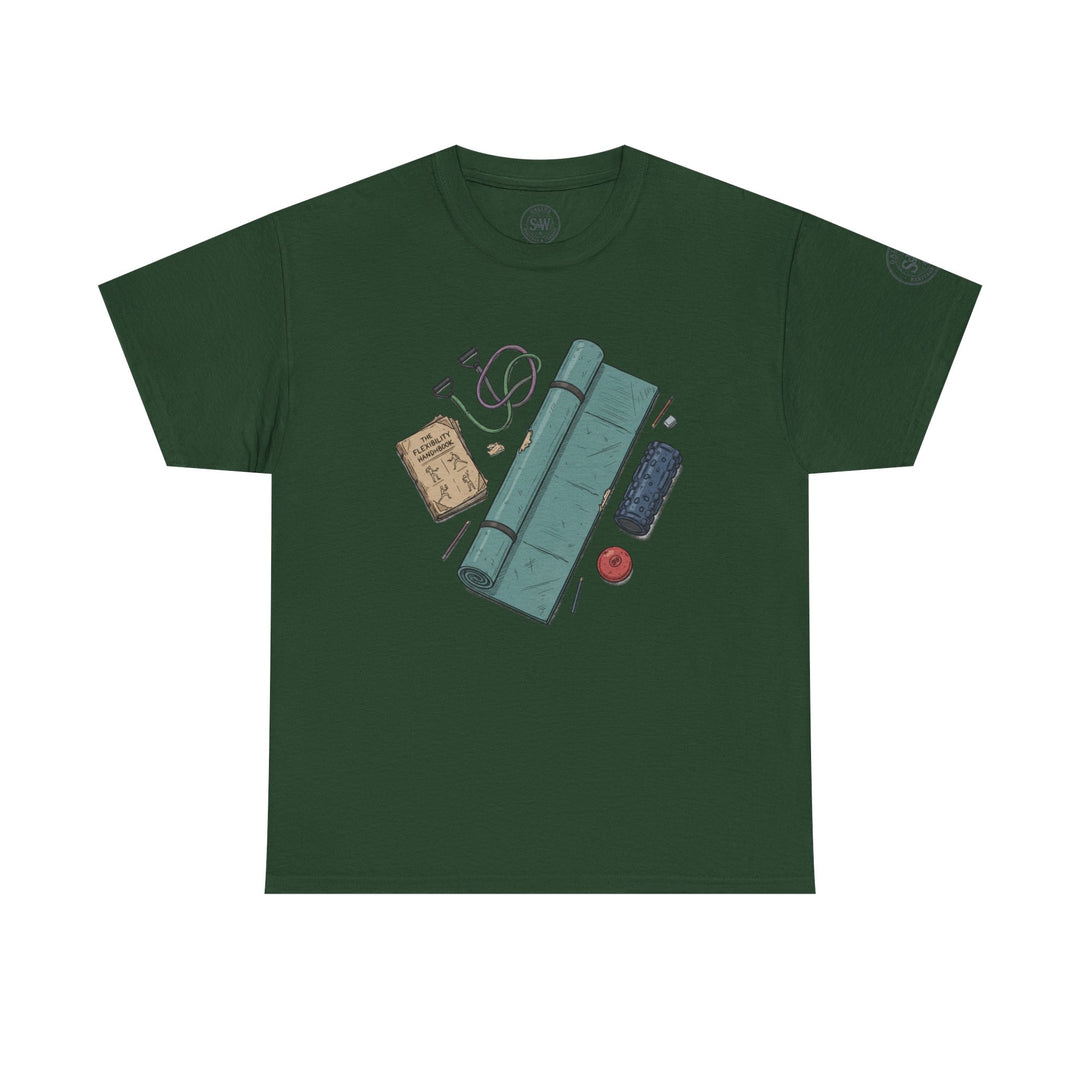 Dark green t-shirt by S&amp;W Gallus displaying an illustration of flexibility and exercise accessories.