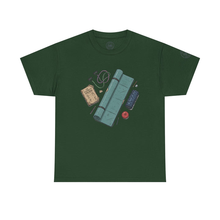 Dark green t-shirt by S&amp;W Gallus displaying an illustration of flexibility and exercise accessories.