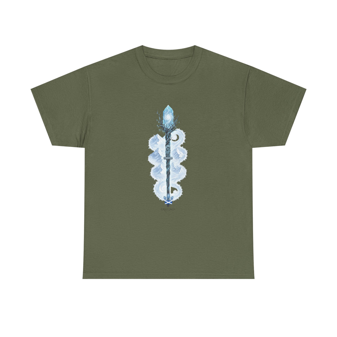 Olive green t-shirt by S&amp;W Gallus, featuring an illustrated wizard staff design on the chest.