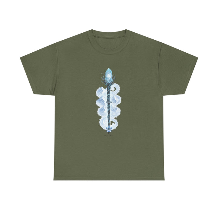 Olive green t-shirt by S&amp;W Gallus, featuring an illustrated wizard staff design on the chest.
