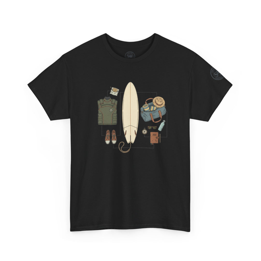 Black T-shirt by S&amp;W Gallus featuring a printed surf trip gear design in the center.