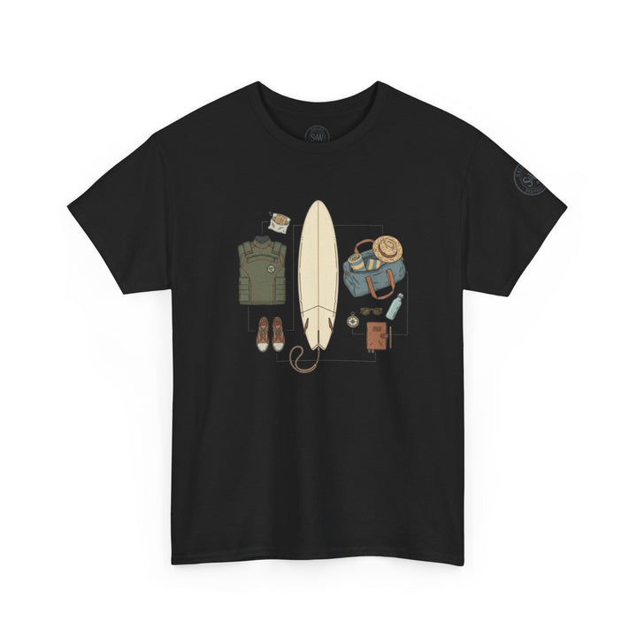 Black T-shirt by S&amp;W Gallus featuring a printed surf trip gear design in the center.