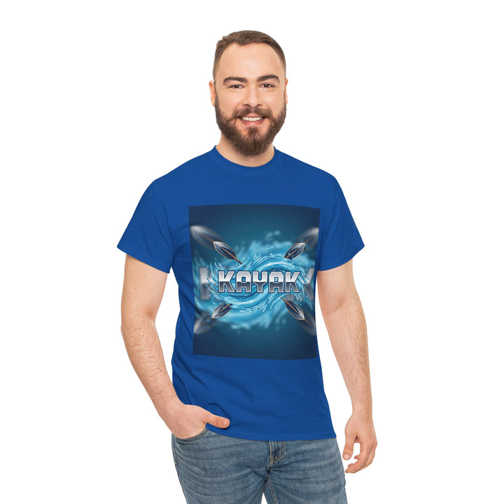 Blue graphic t-shirt by S&amp;W Gallus featuring a "Kayak" text and kayak paddle design, worn with jeans.