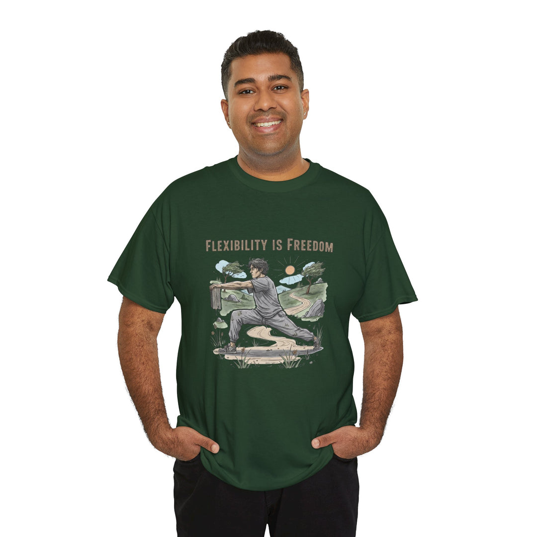 Flexibility Is Freedom Tee – soft, breathable cotton featuring a motivational design. Perfect for yoga, Pilates, stretching, or casual active lifestyle wear.