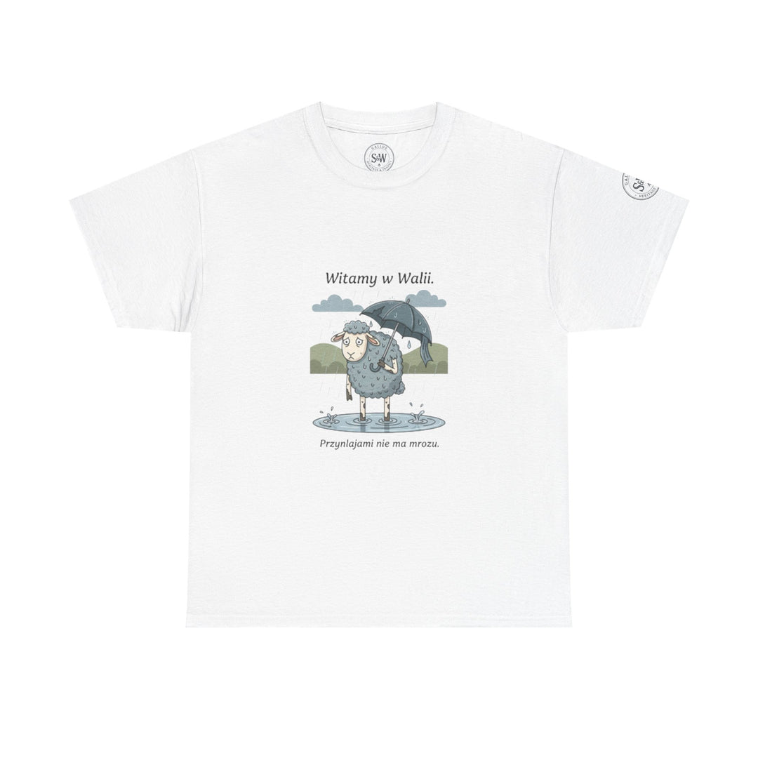 White t-shirt by S&amp;W Gallus, featuring a cute cartoon sheep under an umbrella in the rain with Polish text.