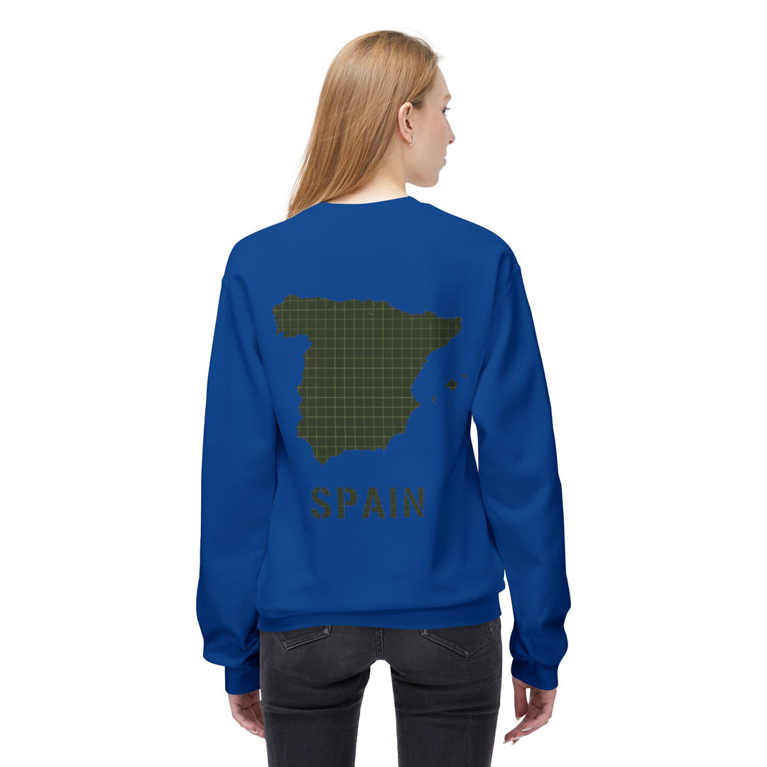 Spain Map Crewneck Sweatshirt — Military Green Grid Spain Graphic