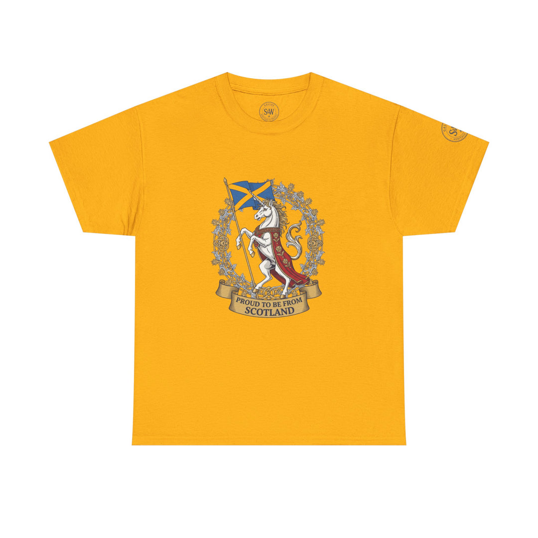Mustard yellow t-shirt by S&amp;W Gallus featuring a Scottish unicorn crest with a flag and "Proud to Be From Scotland" banner.