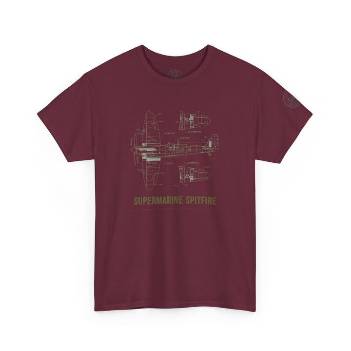 Burgundy t-shirt with Supermarine Spitfire blueprint graphic by S&amp;W Gallus, featuring a crew neck and short sleeves.