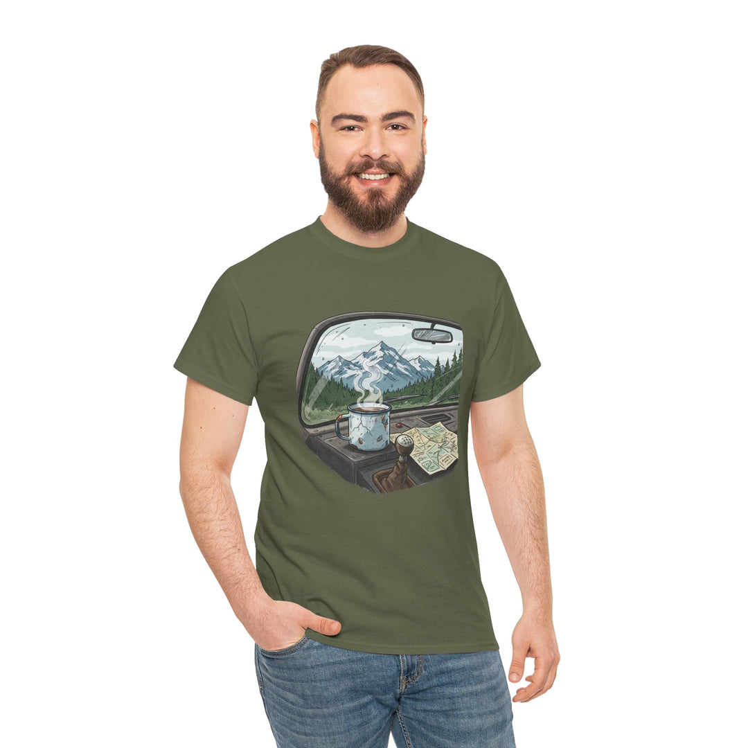 Van Roadtrip View T-Shirt featuring a scenic travel-inspired design. Soft cotton comfort perfect for van life, road trips, and outdoor adventures.