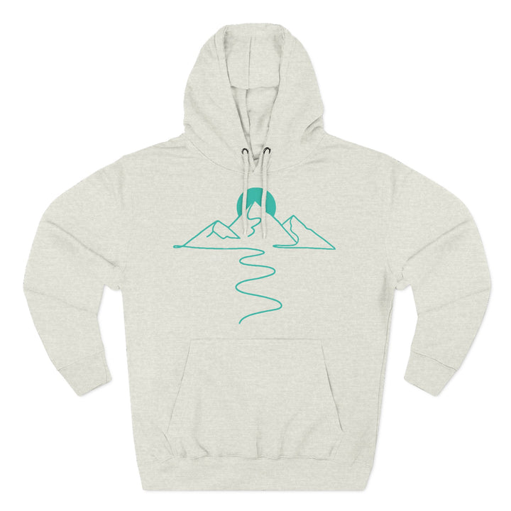 Heather gray hoodie by S&amp;W Gallus featuring a minimalist mountain range and sun design in teal.