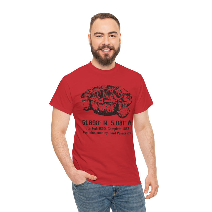 Red t-shirt by S&amp;W Gallus featuring Stack Rock Fort graphic and coordinates, worn with jeans and a smile.
