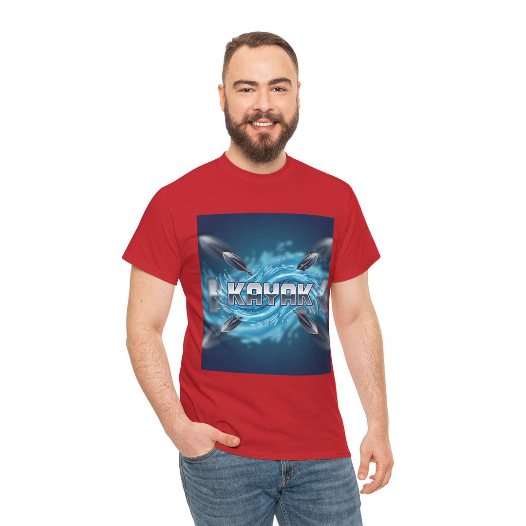 Red graphic t-shirt by S&amp;W Gallus featuring a kayak design with paddles, worn with blue jeans.