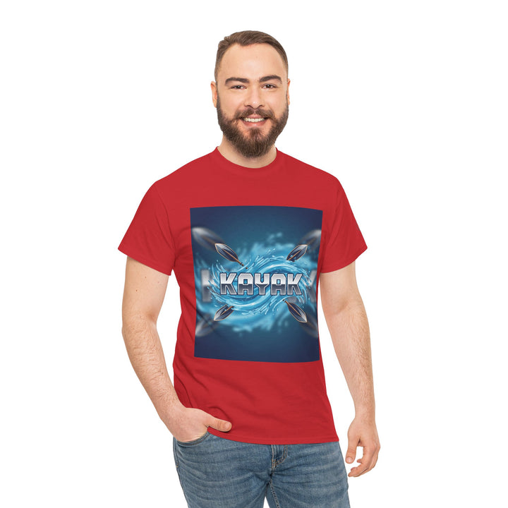 Red graphic t-shirt by S&amp;W Gallus featuring a kayak design with paddles, worn with blue jeans.