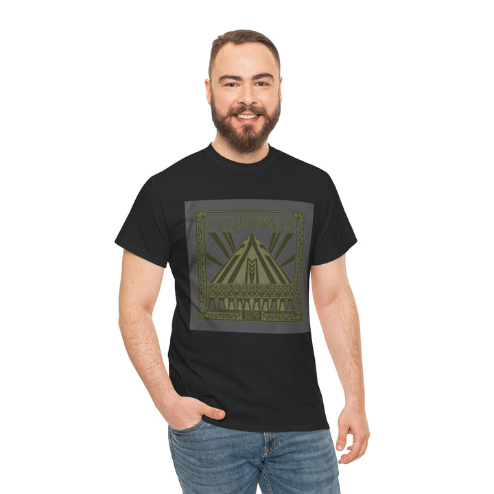 Isandlwana Festival Tee featuring bold “M” pyramid graphic. Outdoor music shirt inspired by iconic landscape vibes.
