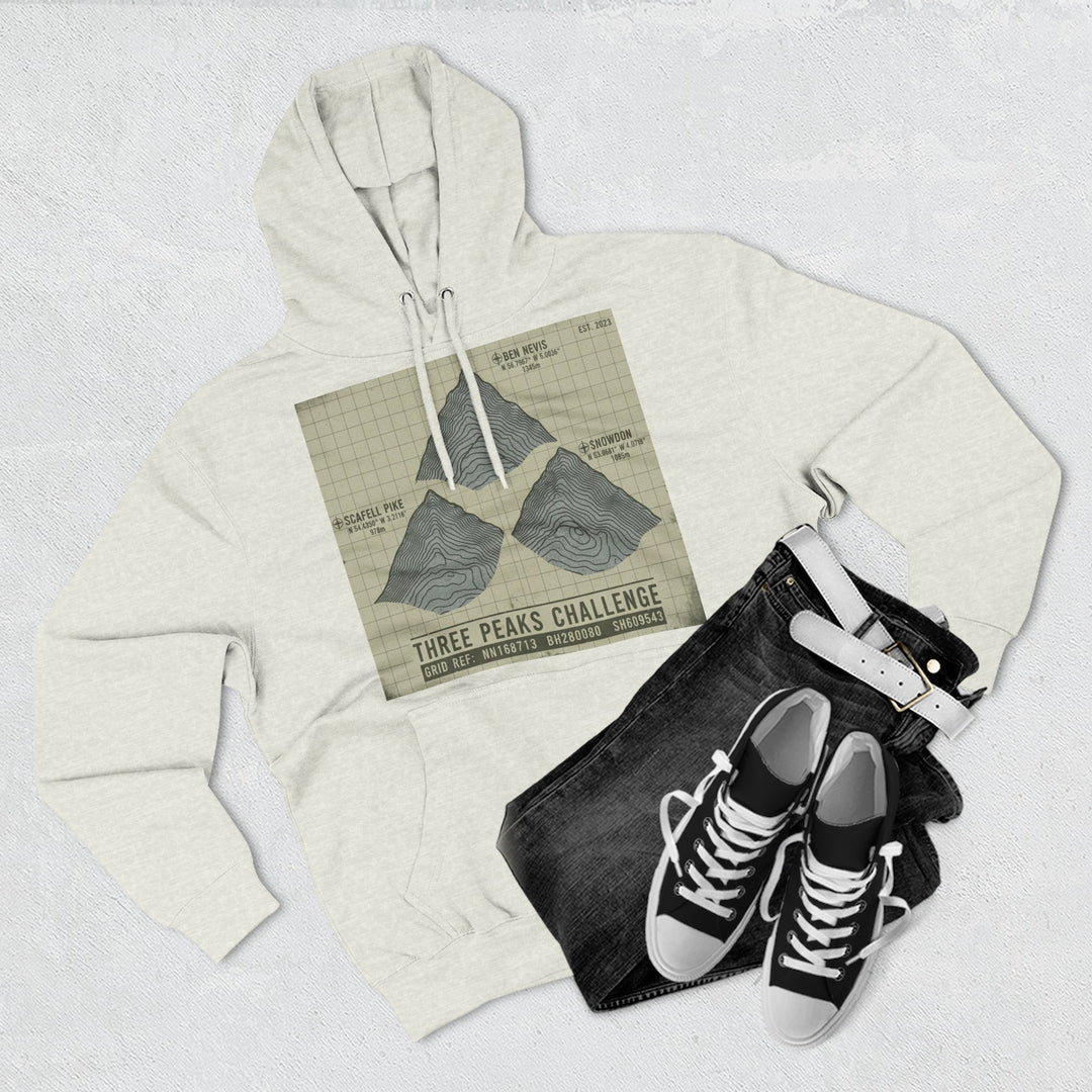 Three Peaks Challenge Graphic Hoodie — Retro UK Mountain Summit Pullover