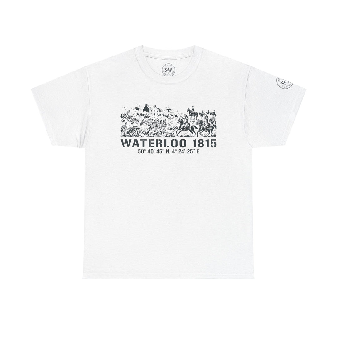 White Waterloo 1815 t-shirt by S&amp;W Gallus, displaying a graphic of the battle and coordinates.