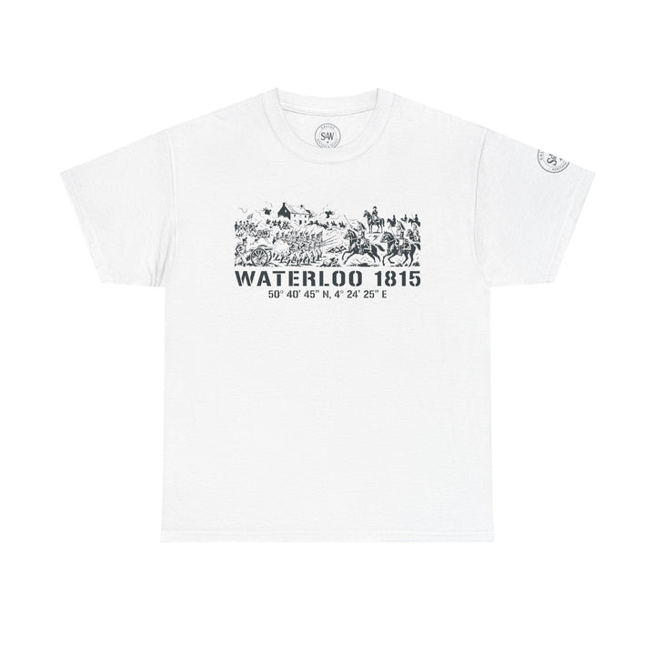 White Waterloo 1815 t-shirt by S&amp;W Gallus, displaying a graphic of the battle and coordinates.