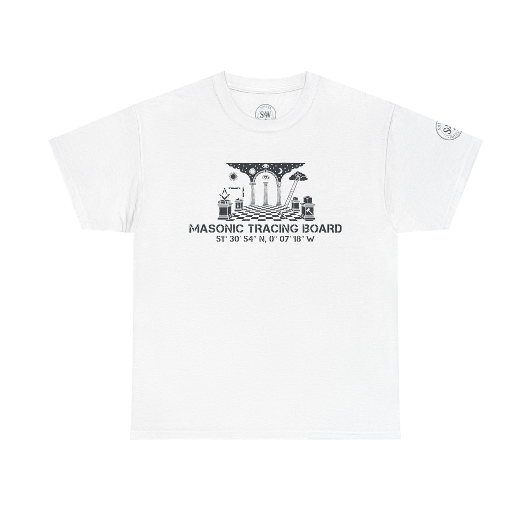 White Masonic Tracing Board T-Shirt by S&amp;W Gallus with vintage Freemason symbols graphic.
