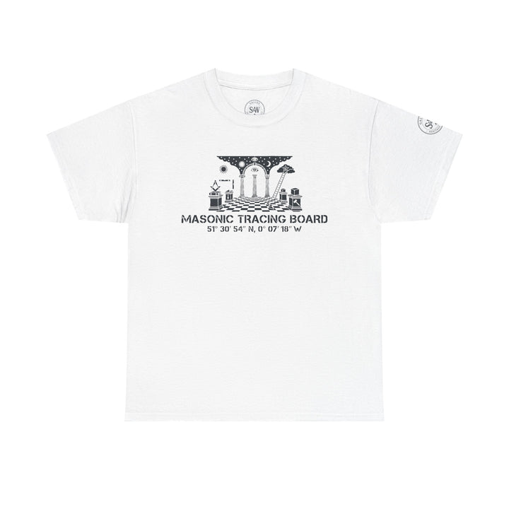 White Masonic Tracing Board T-Shirt by S&amp;W Gallus with vintage Freemason symbols graphic.