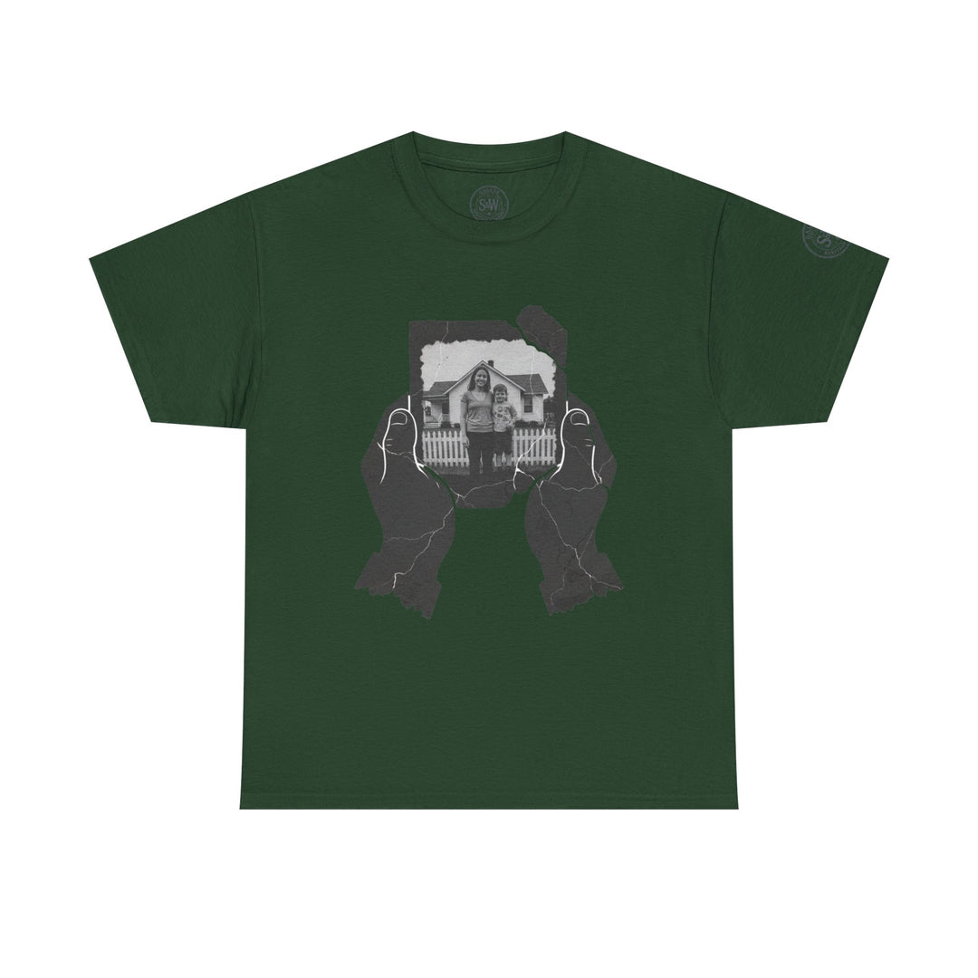 Dark green t-shirt by S&amp;W Gallus featuring distressed graphic of hands holding a photograph.
