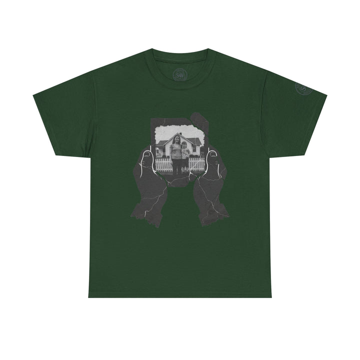 Dark green t-shirt by S&amp;W Gallus featuring distressed graphic of hands holding a photograph.
