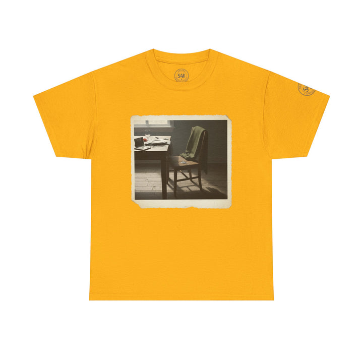 Mustard yellow t-shirt by S&amp;W Gallus, featuring a faded photo print of a sparse study room with a chair.
