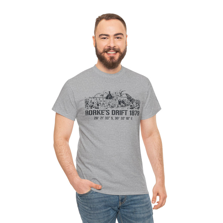 Gray t-shirt by S&amp;W Gallus featuring a historical battle illustration, paired with jeans on a smiling model.