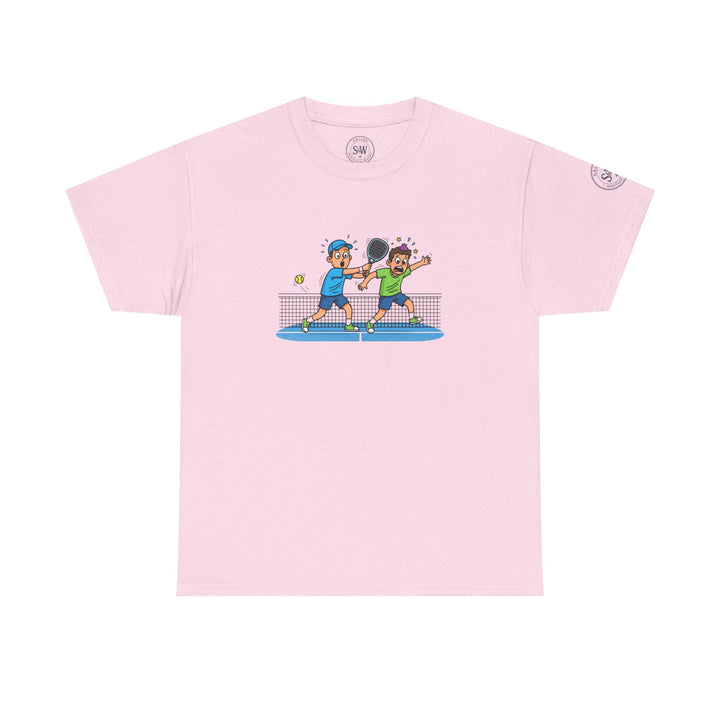 Pink graphic T-shirt by S&amp;W Gallus with cartoon padel players design on the front.