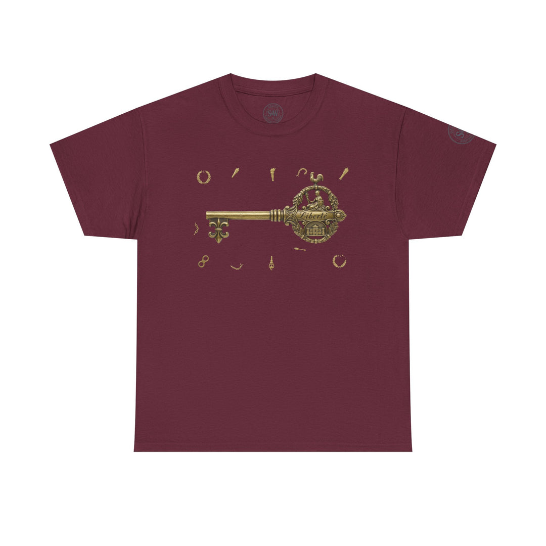 Burgundy t-shirt by S&amp;W Gallus featuring a golden Bastille key design with smaller decorative elements.