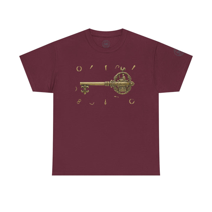 Burgundy t-shirt by S&amp;W Gallus featuring a golden Bastille key design with smaller decorative elements.