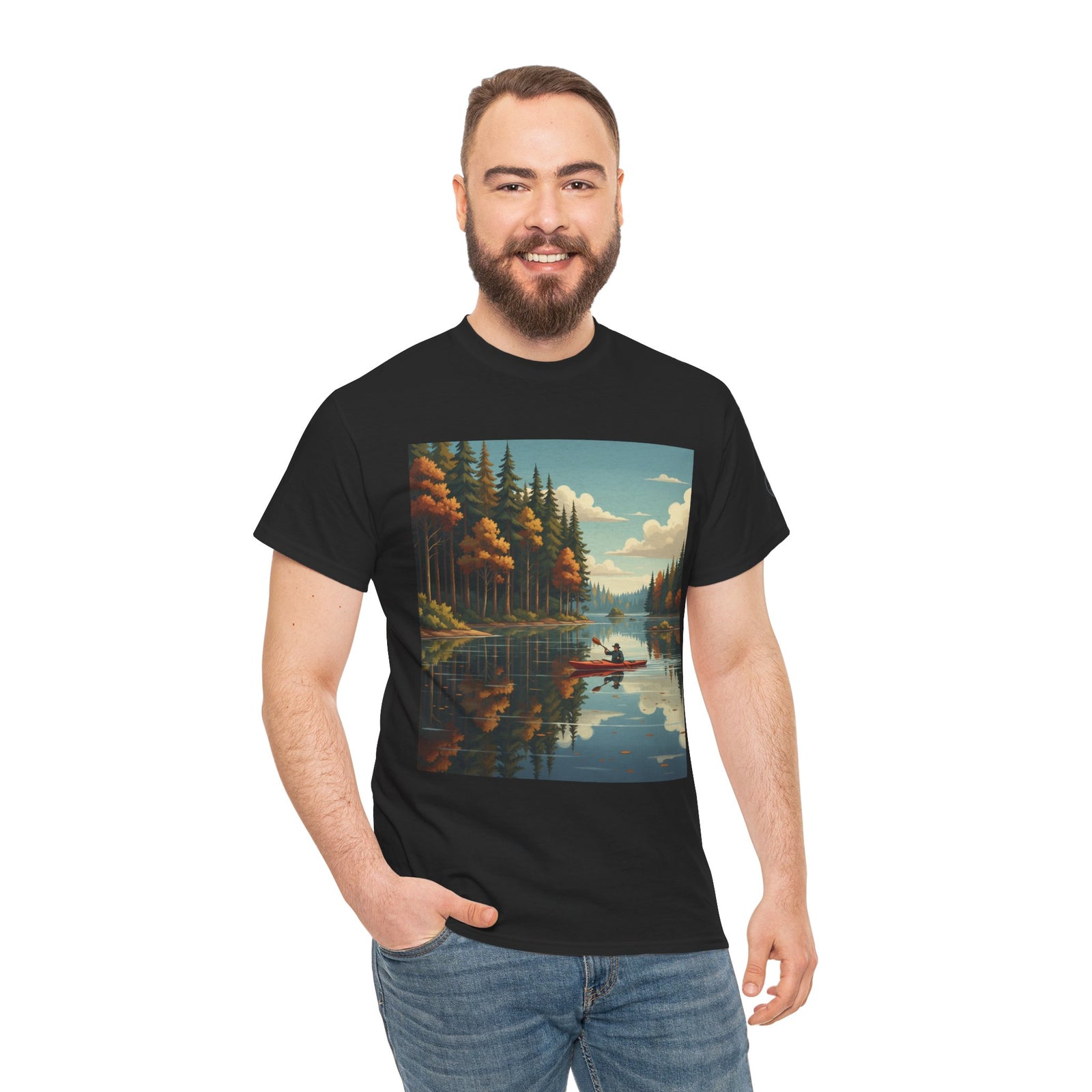 Black t-shirt with lake art by S&W Gallus, worn with blue jeans, hand in pocket.