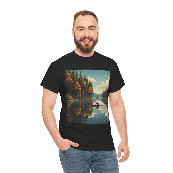 Black t-shirt with lake art by S&amp;W Gallus, worn with blue jeans, hand in pocket.