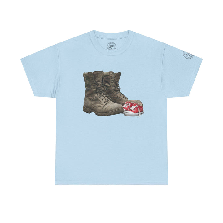 Light blue t-shirt by S&amp;W Gallus with a graphic of work boots and red baby sneakers.
