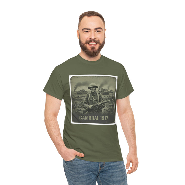 Olive green t-shirt with a WWI soldier graphic by S&amp;W Gallus, paired with blue jeans.