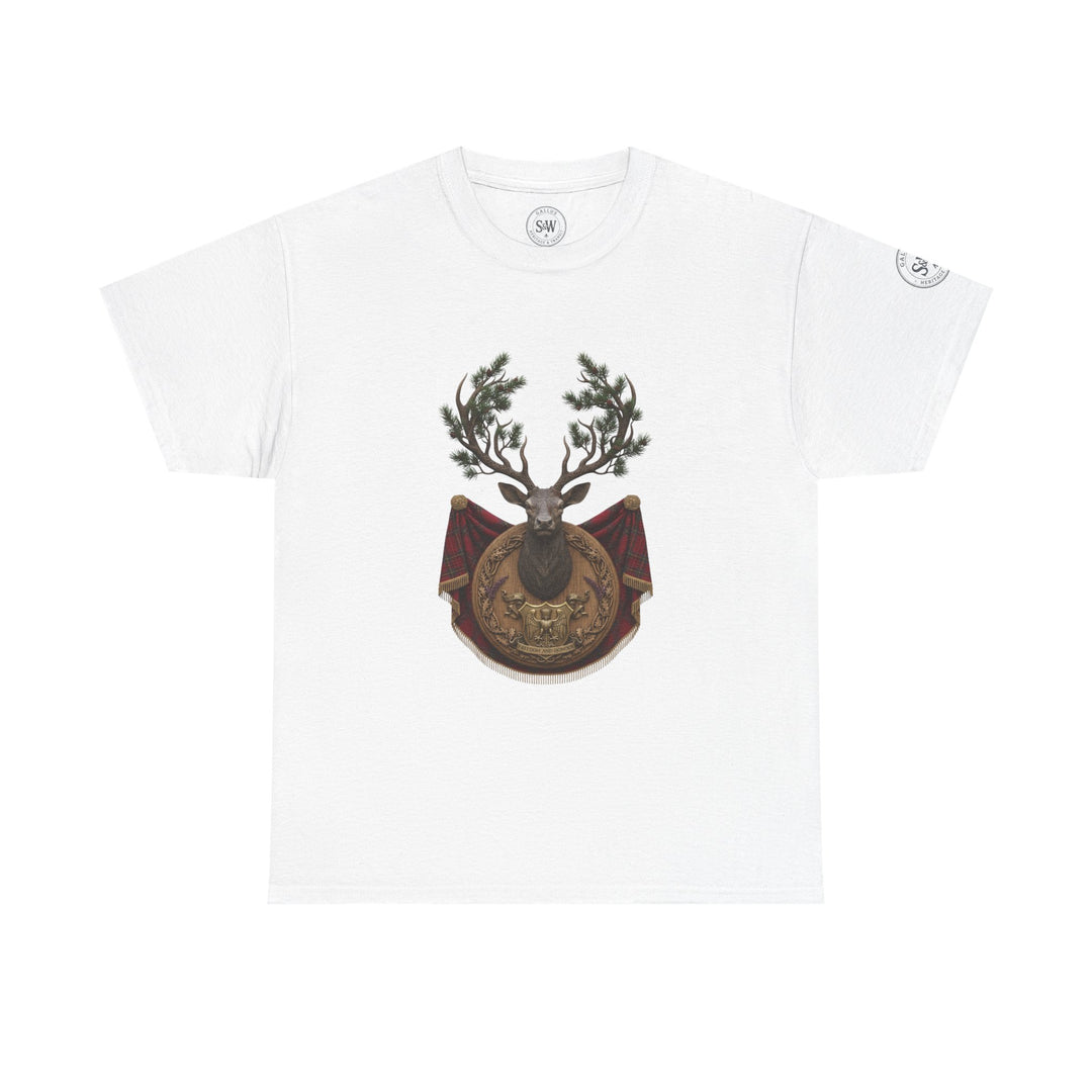 White T-shirt by S&amp;W Gallus featuring a stag crest with a red tartan banner and pine branch antlers.