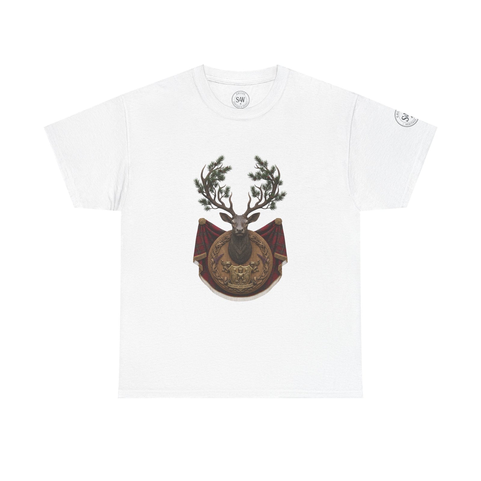 White T-shirt by S&W Gallus featuring a stag crest with a red tartan banner and pine branch antlers.