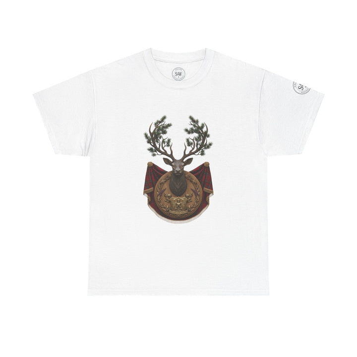 White T-shirt by S&amp;W Gallus featuring a stag crest with a red tartan banner and pine branch antlers.
