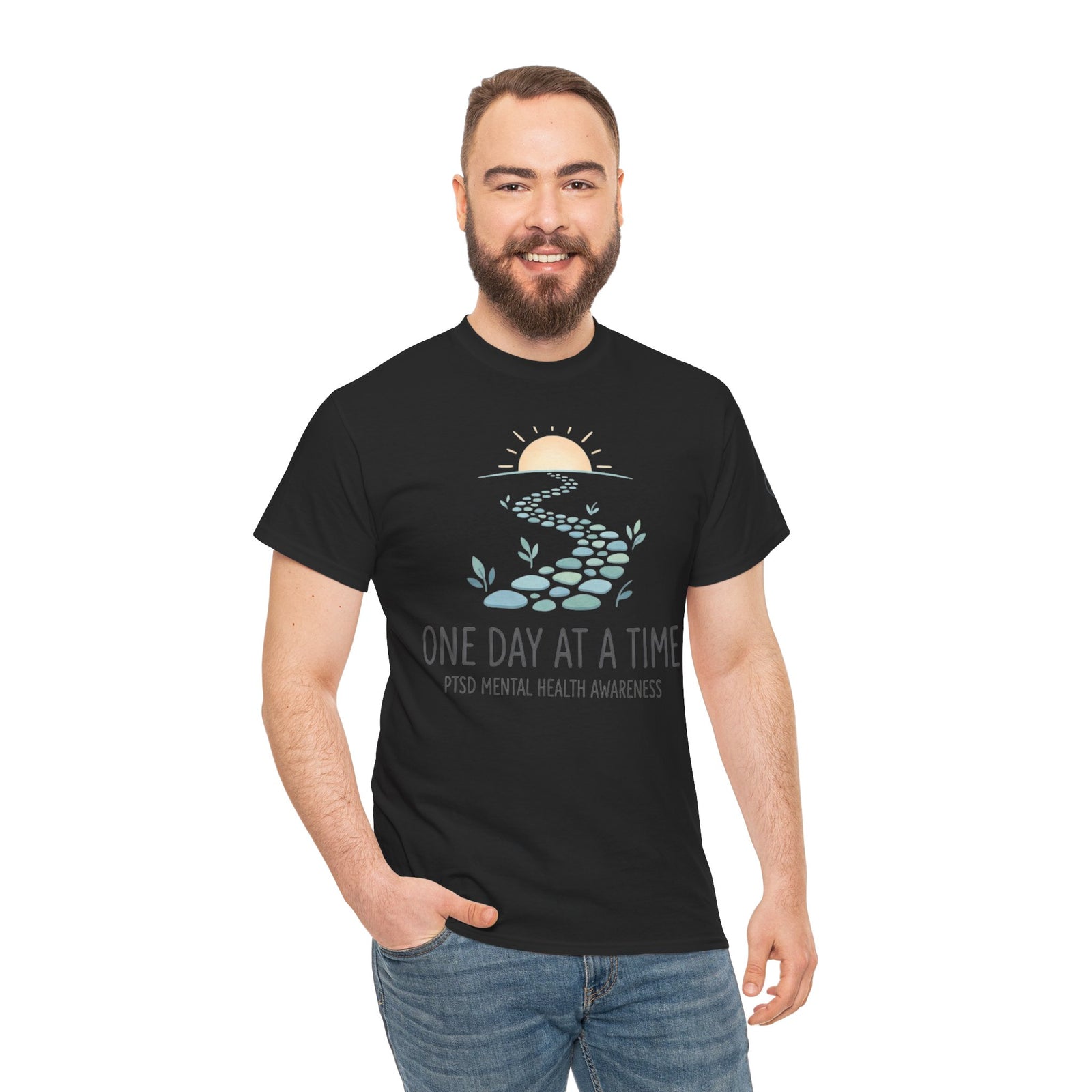 Black T-shirt by Veteran owned, featuring a "One Day At A Time" mental health awareness design on the front.