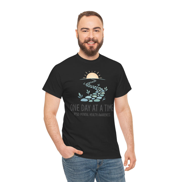 Black T-shirt by Veteran owned, featuring a "One Day At A Time" mental health awareness design on the front.