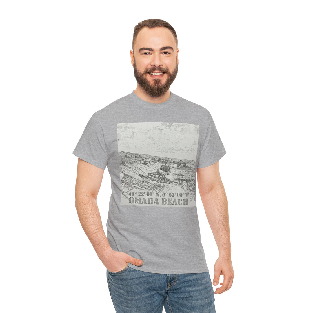 Heather gray T-shirt with Omaha Beach sketch by Veteran owned, paired with blue jeans on a smiling model.